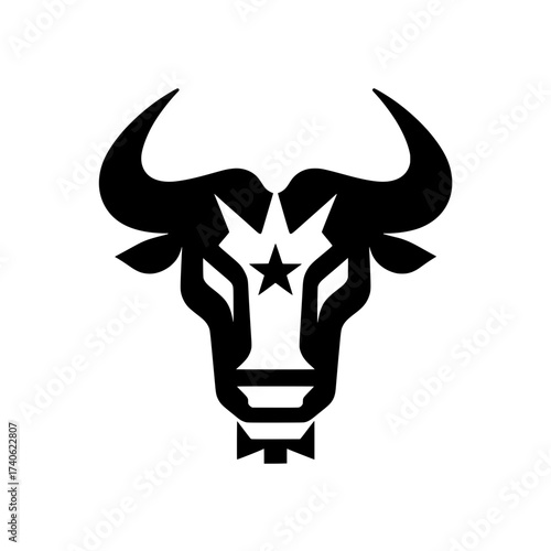 A geometric and minimalist black and white vector illustration of a bull head with strong horns.