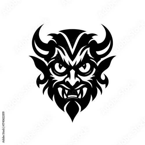 Fierce and angry black vector silhouette of a devil's head, featuring a menacing expression, sharp fangs, and a pair of pointed horns. 
