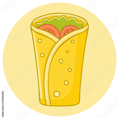 Colorful Cartoon Style Wrap with Lettuce and Tomatoes on a Yellow Background