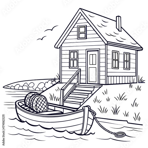A charming black and white line drawing of a small wooden house on the coast with a rowboat docked by the shore