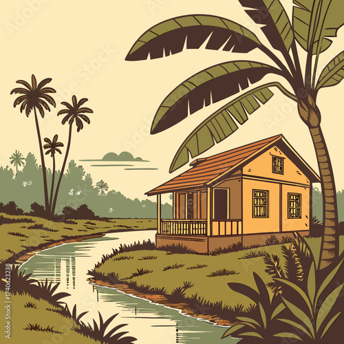 A charming stylized illustration of a tropical house nestled beside a winding river with palm trees and lush vegetation