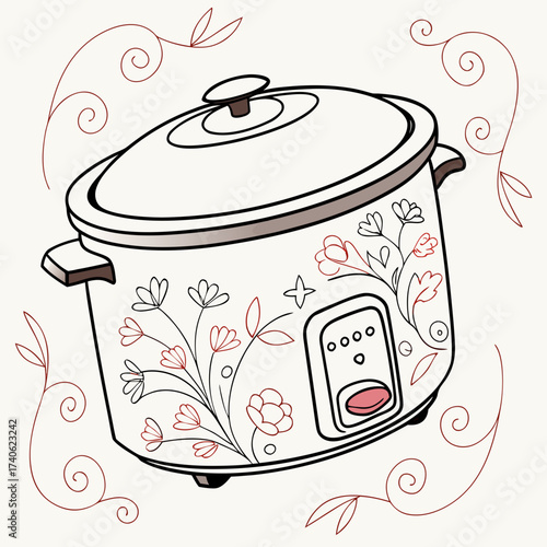 A charming hand drawn illustration of a white slow cooker adorned with delicate red and black floral designs and swirling vine accents