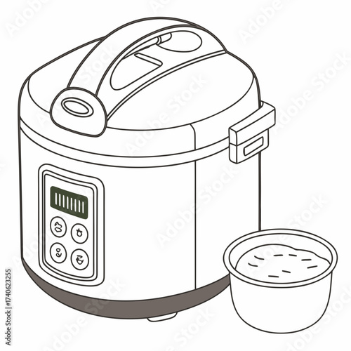 A simple line drawing illustration of a modern electric rice cooker with a separate bowl of rice next to it showcasing its control panel