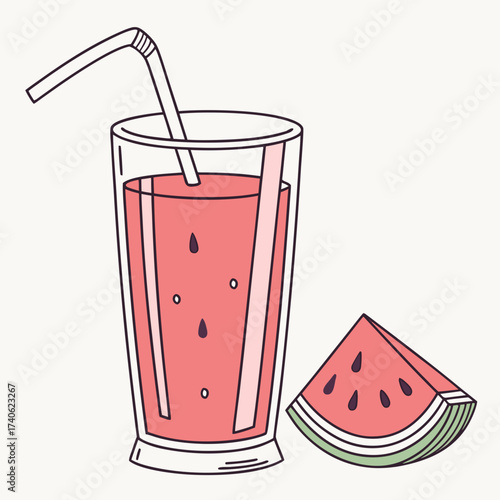 A refreshing glass of pink watermelon juice with a straw and a slice of watermelon on a plain background