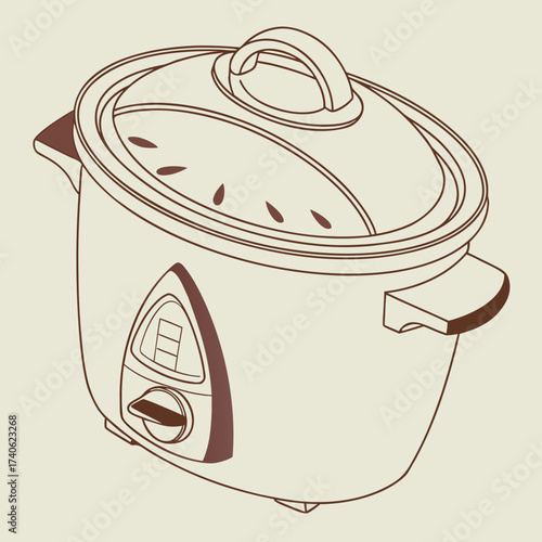 A simple line art illustration of a modern slow cooker with a digital display and a rotary dial on a neutral background