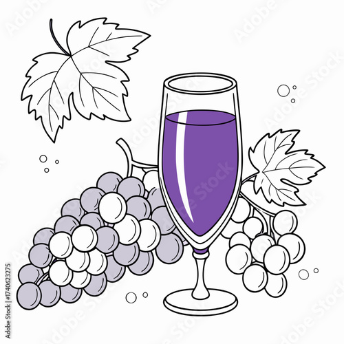 A stylized illustration of a glass filled with purple grape juice or wine accompanied by bunches of grapes and grape leaves on a white background