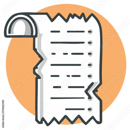 Cartoon Style Financial Paper Receipt Roll Listing Items Against Peach Colored Circle