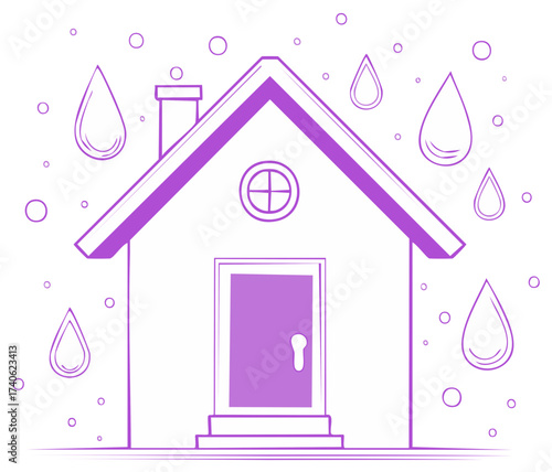 Purple house illustration, rainy weather, home protection, simple graphic, abstract drawing