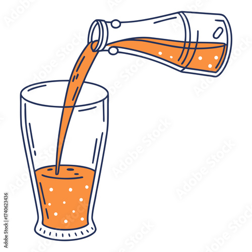 Hand drawn illustration of orange juice being poured from a clear bottle into a tall glass with bubbles