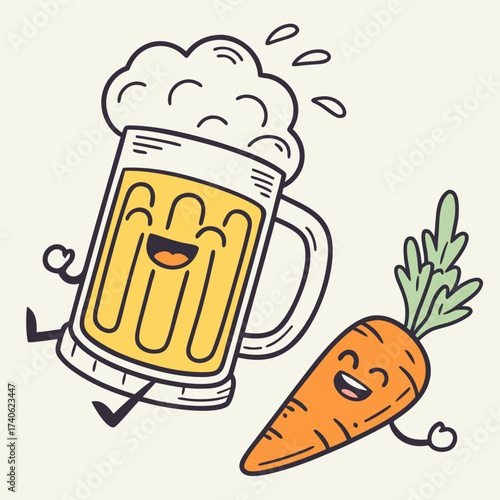 Happy cartoon beer mug and carrot character dancing together with joy and laughter on a light background