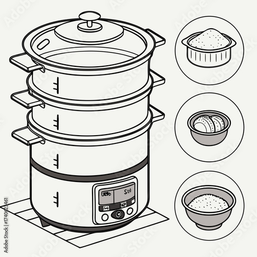 Illustration of a multi tiered electric steamer with a digital display and small circular insets showing ingredients like rice and dumplings