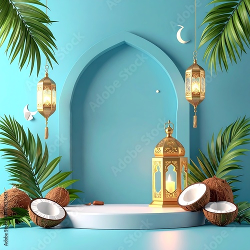 A turquoise background, golden lanterns, coconuts, and tropical leaves