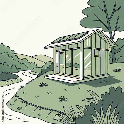 Modern minimalist eco friendly cabin with solar panels nestled in a serene natural landscape beside a winding river and rolling hills