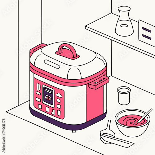 Modern kitchen scene featuring a multi cooker appliance with digital display and cooking accessories on a countertop