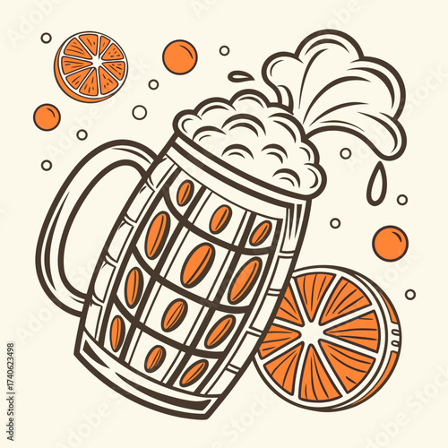Refreshing orange beer mug with foamy head and slices of orange and bubbles