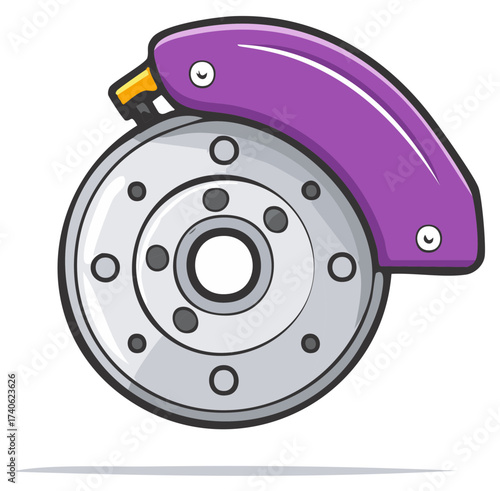 Modern automotive disc brake rotor and vibrant purple caliper vector illustration representing vehicle parts and safety