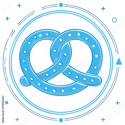 Stylized pretzel drawing in blue with circles, geometric shapes, and clean white backdrop.