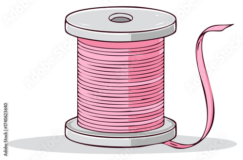 Cartoon illustration of sewing thread spool with pink ribbon, hobby supplies