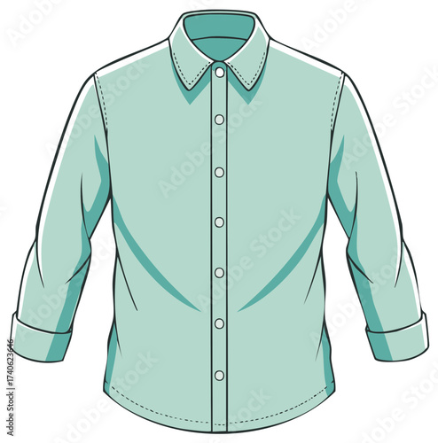 Vector illustration of a mint green button down shirt with long rolled up sleeves