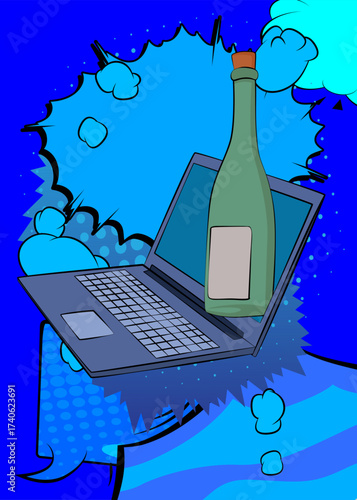 Cartoon Laptop, comic book Notebook with glass bottle. Retro vector comics pop art design.