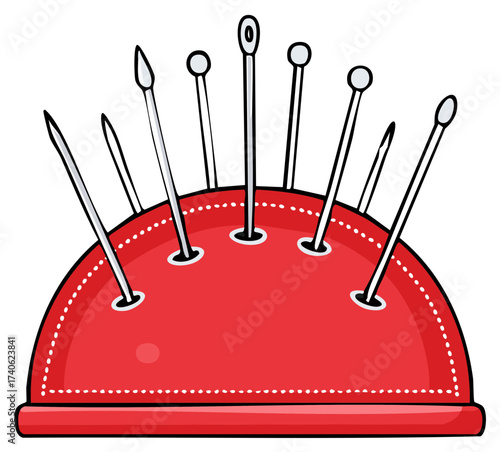 Colorful red pincushion holding multiple sharp sewing pins for tailoring and crafts