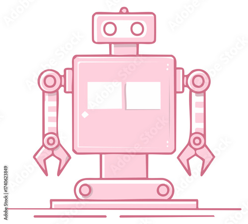 Pink Cartoon Robot with Square Head, Arms, Grippers. Funny, Friendly, Futuristic Design.