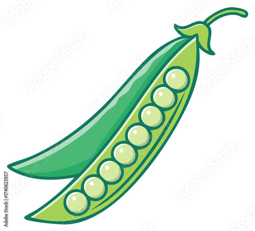 Open Green Pea Pod Featuring Round Peas Vegetable, Flat Design