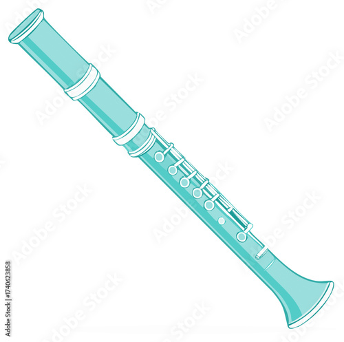 Illustration of a colorful clarinet musical instrument in teal with white outlines