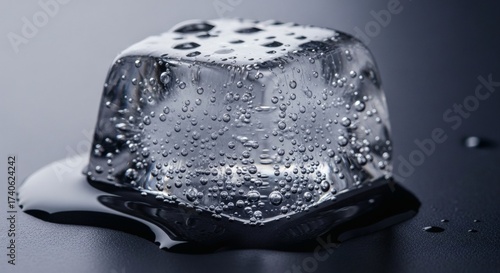 Macro detail of melting ice cube on dark surface