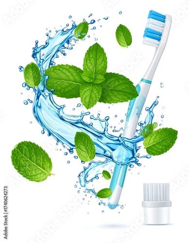A dental hygiene scene, with toothbrush, mint leaves, and water splash