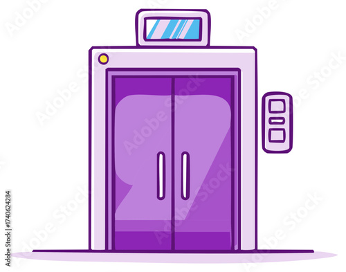 Cartoon style elevator with closed purple doors floor indicator and call button