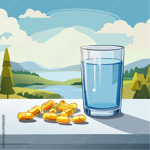 omega-3 capsules on a clean white table, next to a glass of water
