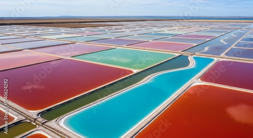 Aerial drone view of colorful salt evaporation ponds