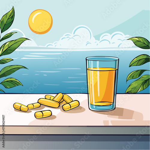 omega-3 capsules on a clean white table, next to a glass of water