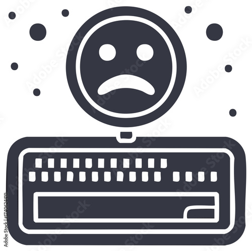 Frustrated sad face icon over a keyboard with dots symbolizing digital problems or online discontent.