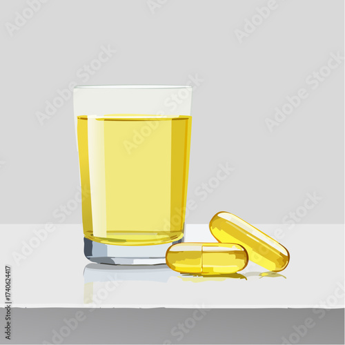 omega-3 capsules on a clean white table, next to a glass of water