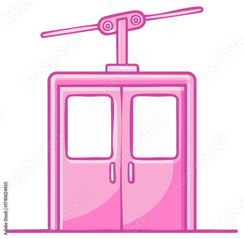 Pink cartoon cable car cabin with double doors and overhead transport mechanism