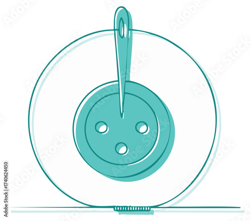 Stylish graphic illustration of a button with a needle and thread representing the craft of sewing and tailoring
