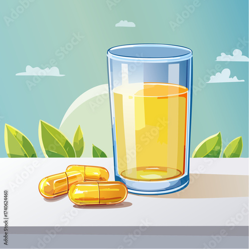 omega-3 capsules on a clean white table, next to a glass of water
