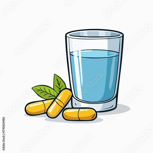 omega-3 capsules on a clean white table, next to a glass of water