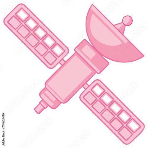 Pink Satellite with Solar Panels Orbiting Space Cartoon Style Illustration