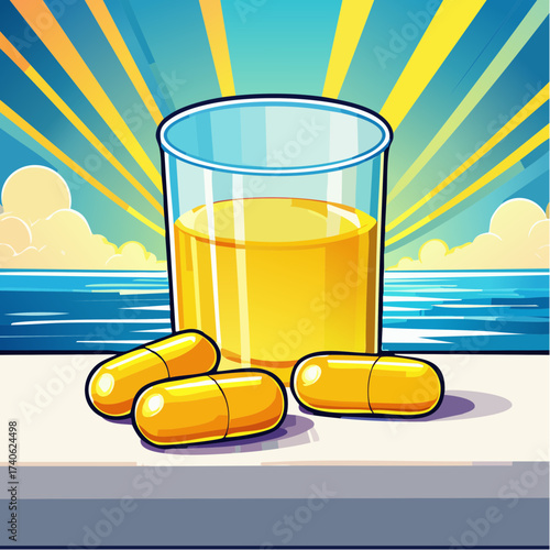 omega-3 capsules on a clean white table, next to a glass of water