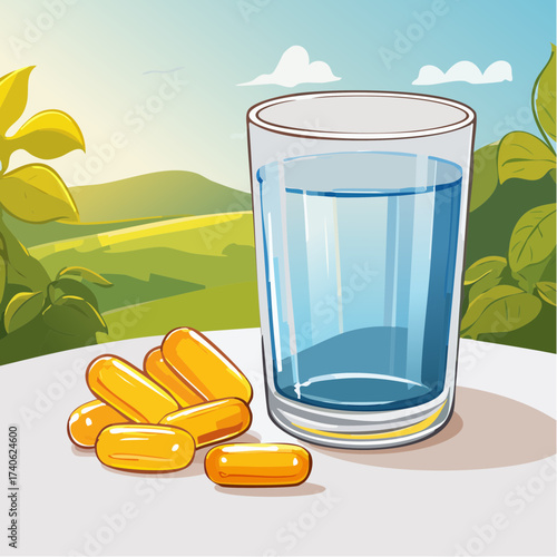 omega-3 capsules on a clean white table, next to a glass of water