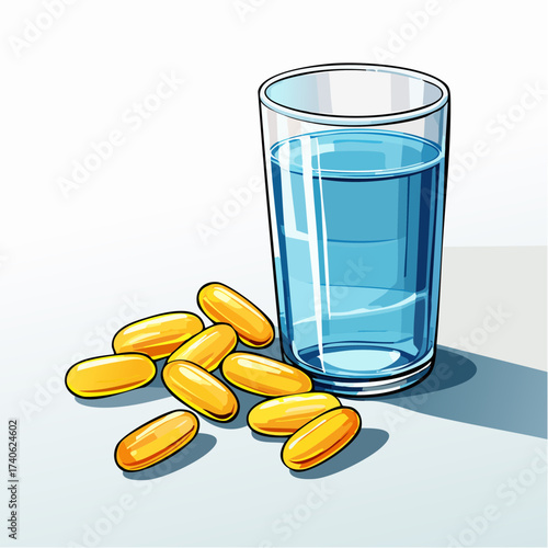 omega-3 capsules on a clean white table, next to a glass of water