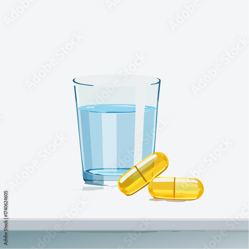 omega-3 capsules on a clean white table, next to a glass of water