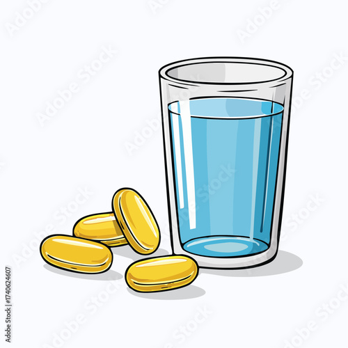 omega-3 capsules on a clean white table, next to a glass of water
