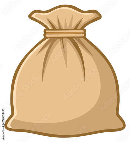 A simple cartoon illustration of a full brown burlap sack tied with rope
