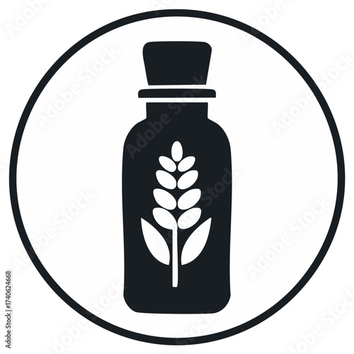 Wheat grain extract in a bottle minimalist black and white vector icon