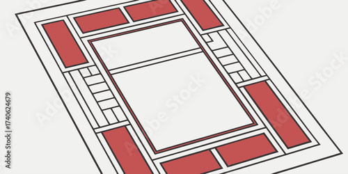 Rectangular building layout with central open space and surrounding rooms