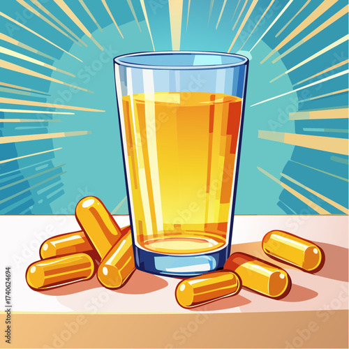 omega-3 capsules on a clean white table, next to a glass of water